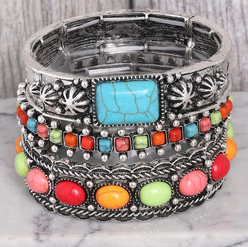 Multicolor Semi Stone Embellished Wide Bangle Bracelet